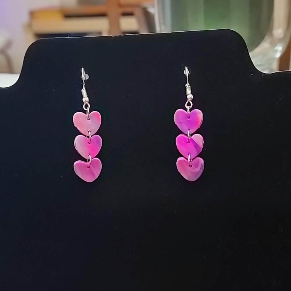 Polymer Clay Pink Heart Marble Dangling Earrings